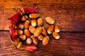 Fresh ripe red hazelnuts on wooden table Royalty Free Stock Photo