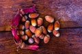 Fresh ripe red hazelnuts on wooden table Royalty Free Stock Photo