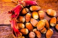 Ripe red hazelnuts on a wooden table Royalty Free Stock Photo