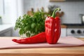 Fresh ripe red peppers on the kitchen table Royalty Free Stock Photo