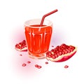 Fresh ripe red pomegranate. Fruit of punica granatum and glass of juice with straw. Royalty Free Stock Photo