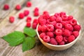 Fresh ripe red raspberries with leaves in a bowl on rustic old wooden table. Royalty Free Stock Photo