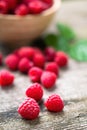 Fresh ripe red raspberries with leaves in a bowl on rustic old wooden table. Royalty Free Stock Photo