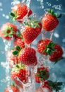 Fresh Ripe Strawberries falling and splashing into chilled water