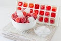Fresh ripe strawberries frozen in ice cubes on white background. Healthy summer eating Royalty Free Stock Photo