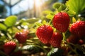 Fresh ripe strawberries growing on strawberry farm. Generated with AI