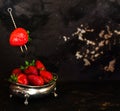 Fresh ripe strawberries over dark misterious background