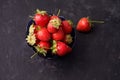Fresh ripe strawberries in a plate on a dark stone background. Healthy eating Vegetarian food. Royalty Free Stock Photo