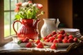 Fresh ripe strawberries on a rustic table with sunlight, pitchers, and flowers, evoking a cozy, homey atmosphere.