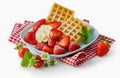Fresh ripe strawberries with waffles and cream