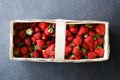 Fresh ripe strawberries in a wooden basket on a dark background. Organic juicy berries Royalty Free Stock Photo