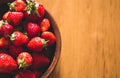 Fresh ripe strawberry in the clay bowl on the red cloth table.