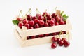 Fresh, ripe sweet cherries in small wooden crate