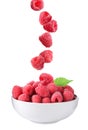 Fresh ripe tasty raspberries falling into bowl on background Royalty Free Stock Photo