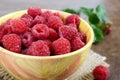 Fresh ripe tasty raspberries in a yellow ceramic bowl.