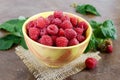 Fresh ripe tasty raspberries in a yellow ceramic bowl. Royalty Free Stock Photo