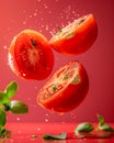 Fresh Ripe Tomato Slices Suspended in Air with Water Droplets and Thyme on Vibrant Red Background Royalty Free Stock Photo