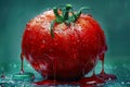 Fresh Ripe Tomato Splashed with Water Droplets on a Moody Green Background Healthy Eating Concept Royalty Free Stock Photo