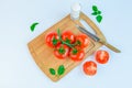 Fresh and ripe tomatoes, basil, salt on cutting board Royalty Free Stock Photo