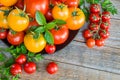 Fresh ripe tomatoes on a plate on a wooden table Royalty Free Stock Photo