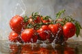 Fresh Ripe Tomatoes Splashing in Water on a Glossy Surface Vibrant Red Vegetables with Water Droplets