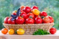 Fresh ripe tomatoes in a wicker basket on a wooden table outdoors Royalty Free Stock Photo