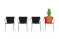 Fresh Ripe Tropical Healthy Nutrition Pineapple Fruit on a Red Chair in Row of Office Chairs. 3d Rendering