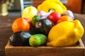 Fresh ripe vegetables close-up. Abundance of farm products and copy space