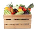 Fresh ripe vegetables and fruit in wooden crate on white background Royalty Free Stock Photo