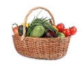 Fresh ripe vegetables and fruits in wicker basket on white background Royalty Free Stock Photo