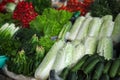 Fresh ripe vegetables and herbs on counter at market Royalty Free Stock Photo