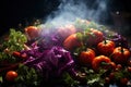 Fresh ripe vegetables with smoke on black background, healthy eating concept, AI Generated