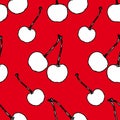 Fresh ripe white abstract cherry berries seamless pattern, juicy summer berry on red background