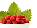 Fresh, ripe wild strawberry in little bowl with green leaves isolated on a white background, close up Royalty Free Stock Photo