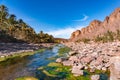 Fresh river in Beautiful Desert oasis nature landscape in Oasis De Fint near Ourzazate in Morocco, North Africa