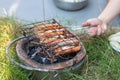 Fresh river prawn grilled  on Charcoal stove. Local food. Cooking at home. selective focus. Big shrimps Royalty Free Stock Photo