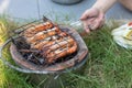 Fresh river prawn grilled  on Charcoal stove. Local food. Cooking at home. selective focus. Big shrimps Royalty Free Stock Photo