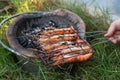 Fresh river prawn grilled  on Charcoal stove. Local food. Cooking at home. selective focus. Big shrimps Royalty Free Stock Photo