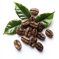 Fresh roasted aromatic java beans with green leaves for morning beverage drink and caffeine boost Royalty Free Stock Photo