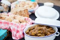 Fresh roasted bread and mutton kebabs in dishes