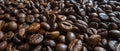 Fresh roasted coffee beans close up. Wide background.