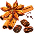 Fresh roasted coffee beans with spice, cloves, cinnamon, whole star anise and seeds, isolated, watercolor illustration Royalty Free Stock Photo