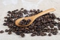 Fresh roasted coffee beans in wooden spoon smoke on retro desk Royalty Free Stock Photo