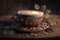 Fresh roasted hot coffee or cappucino with coffee beans