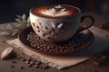 Fresh roasted hot coffee or cappucino with coffee beans