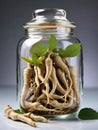 fresh root and ginseng root in glass jar on wooden table Royalty Free Stock Photo