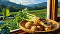 Fresh Root Vegetables and Celery Stalks in a Rustic Basket Displayed Near Window Royalty Free Stock Photo
