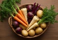 Fresh Root Vegetables in a Rustic Basket Royalty Free Stock Photo