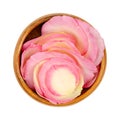 Rose petals, freshly picked from a garden rose, in a wooden bowl Royalty Free Stock Photo