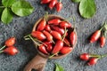 Fresh rosehips on a spoon on a table, top view